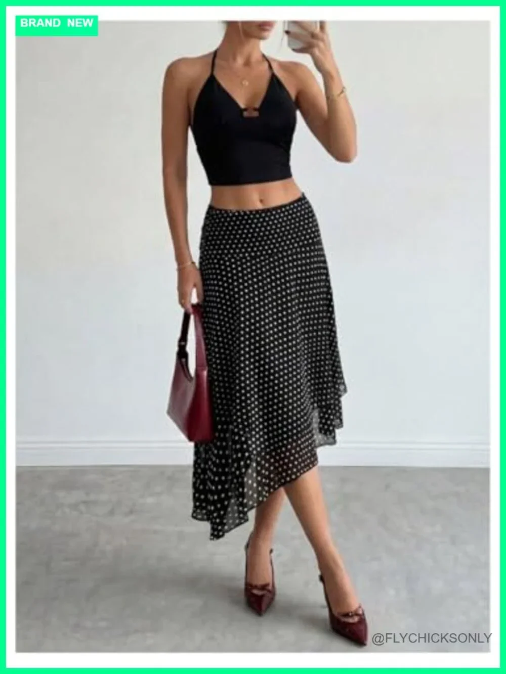 Y2K Mesh Midi Skirt Polka Dots Asymmetrical Low Rise Flowy Casual